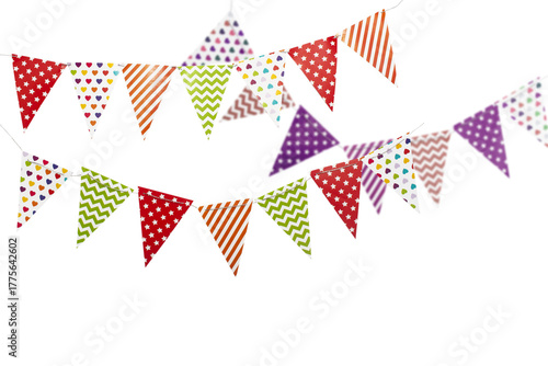 A carnival garland with multicolored flags on a white background. Decorative colorful pennants for birthday and New Year's celebrations.