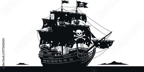 Pirate Ship with Jolly Roger Flag and Tattered Sails, pirate ship, sailing ship, vessel, boat, ocean, sea, water, waves, skull and crossbones, jolly roger, flag, tattered sails, rigging, masts, hull, 