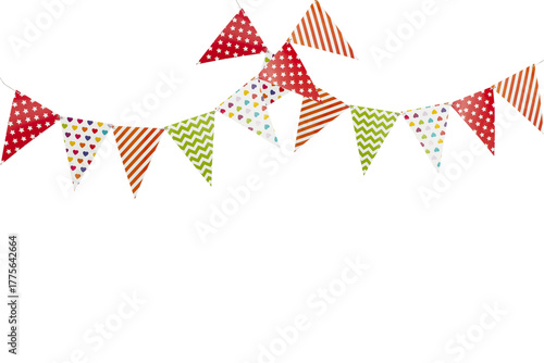 A carnival garland with multicolored flags on a white background. Decorative colorful pennants for birthday and New Year's celebrations.