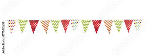 A carnival garland with multicolored flags on a white background. Decorative colorful pennants for birthday and New Year's celebrations.