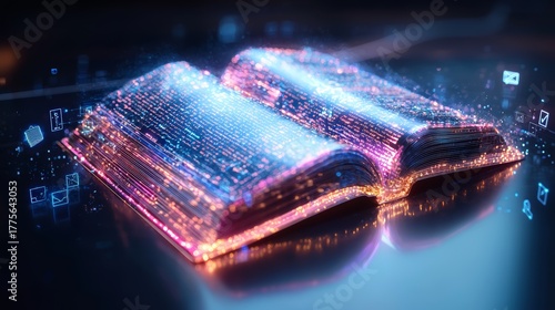 Open book with glowing digital data streams emanating from its pages, symbolizing the fusion of traditional literature and modern technology in a captivating visual representation