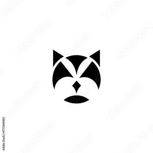 Stylized geometric black and white cat face design on transparent background silhouette