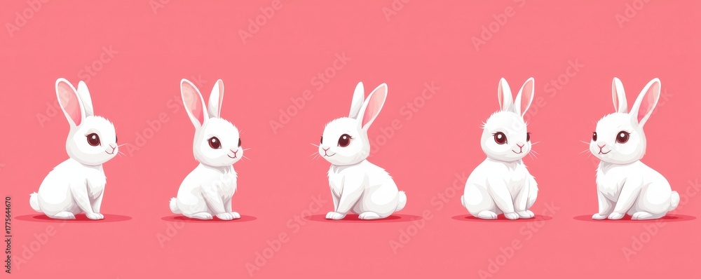 Naklejka premium Adorable cartoon white rabbits arranged on a pink background