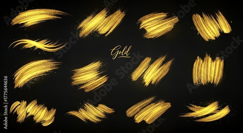 A collection of shimmering golden paint brush strokes and swatches with glitter effect on a dark background, perfect for luxurious design elements.