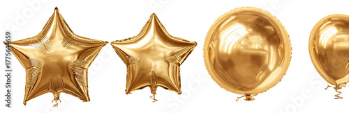 Three gold metallic balloons, star and circle shapes