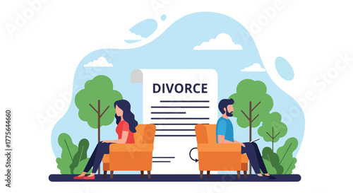 Flat style vector of man and woman sitting apart on sofa, avoiding eye contact, showing divorce, emotional distance and relationship conflict