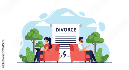 Flat style vector of man and woman sitting apart on sofa, avoiding eye contact, showing divorce, emotional distance and relationship conflict