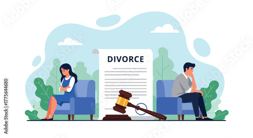 Flat style vector of man and woman sitting apart on sofa, avoiding eye contact, showing divorce, emotional distance and relationship conflict