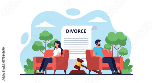 Flat style vector of man and woman sitting apart on sofa, avoiding eye contact, showing divorce, emotional distance and relationship conflict