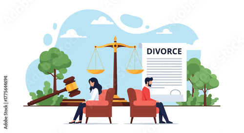 Flat style vector of man and woman sitting apart on sofa, avoiding eye contact, showing divorce, emotional distance and relationship conflict