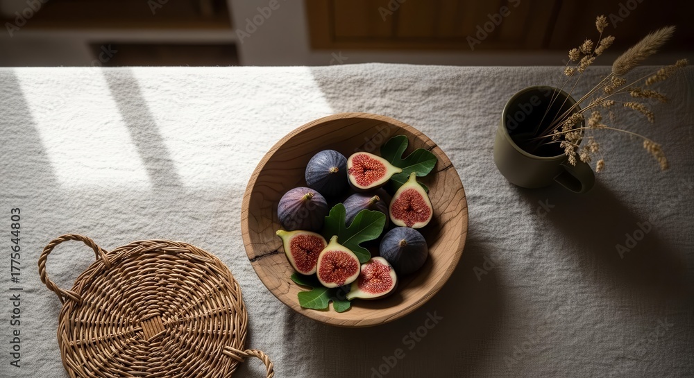 Fototapeta premium Fresh Figs In Wooden Bowl With Leaves And Minimalist Tabletop Setting
