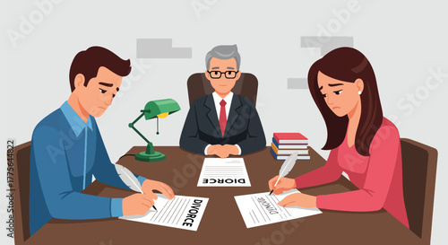 Flat vector of couple signing divorce agreement at lawyer’s desk, legal process and separation illustration