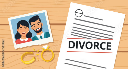 Flat vector of broken gold wedding ring with torn photo, symbol of divorce, failed marriage and emotional loss