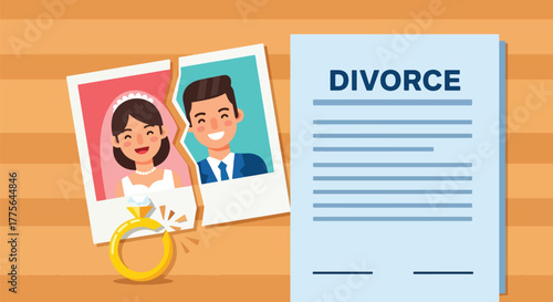 Flat vector of broken gold wedding ring with torn photo, symbol of divorce, failed marriage and emotional loss