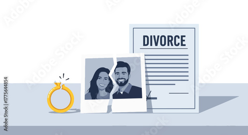 Flat vector of broken gold wedding ring with torn photo, symbol of divorce, failed marriage and emotional loss