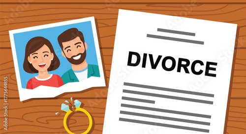 Flat vector of broken gold wedding ring with torn photo, symbol of divorce, failed marriage and emotional loss