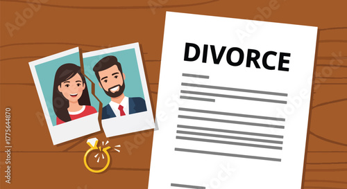 Flat vector of broken gold wedding ring with torn photo, symbol of divorce, failed marriage and emotional loss