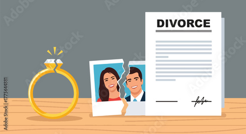 Flat vector of broken gold wedding ring with torn photo, symbol of divorce, failed marriage and emotional loss