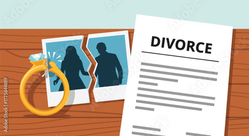 Flat vector of broken gold wedding ring with torn photo, symbol of divorce, failed marriage and emotional loss