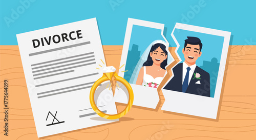 Flat vector of broken gold wedding ring with torn photo, symbol of divorce, failed marriage and emotional loss