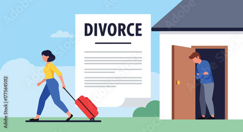 Flat vector of woman leaving house with luggage while man watches sadly, divorce emotional breakup concept