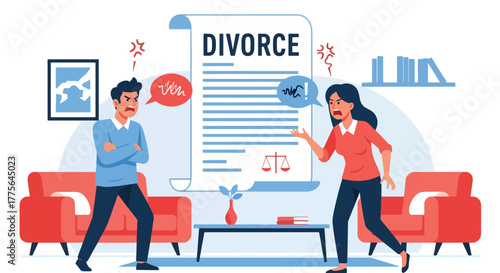 Flat vector of angry couple arguing at home, divorce, communication breakdown and relationship stress illustration