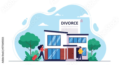 Flat vector of woman leaving house with luggage while man watches sadly, divorce emotional breakup concept