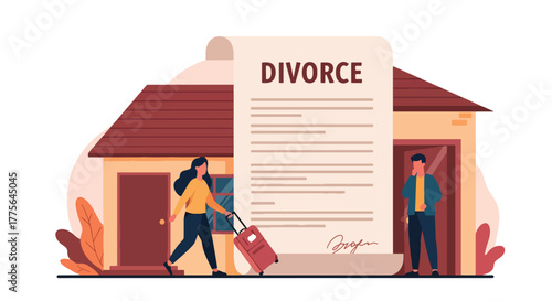Flat vector of woman leaving house with luggage while man watches sadly, divorce emotional breakup concept