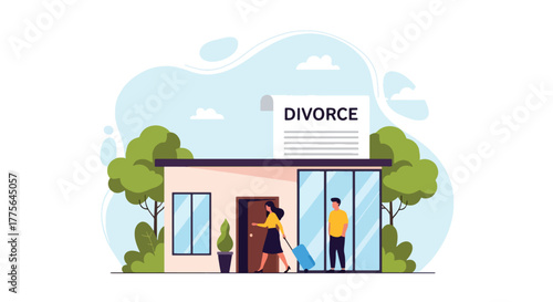 Flat vector of woman leaving house with luggage while man watches sadly, divorce emotional breakup concept