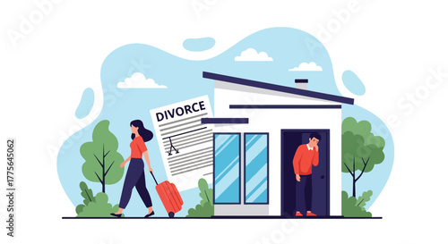 Flat vector of woman leaving house with luggage while man watches sadly, divorce emotional breakup concept