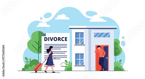 Flat vector of woman leaving house with luggage while man watches sadly, divorce emotional breakup concept