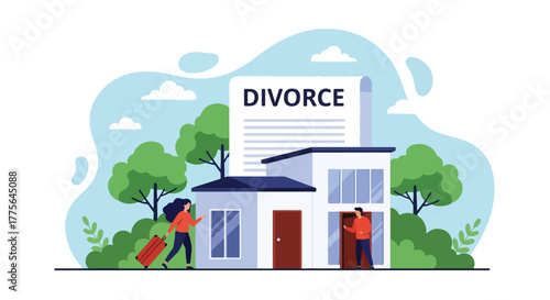 Flat vector of woman leaving house with luggage while man watches sadly, divorce emotional breakup concept