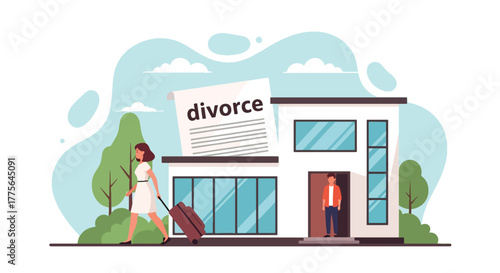 Flat vector of woman leaving house with luggage while man watches sadly, divorce emotional breakup concept