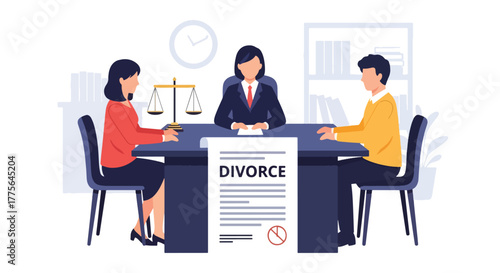 Flat vector of lawyer meeting with couple for divorce mediation, legal counseling and advice concept