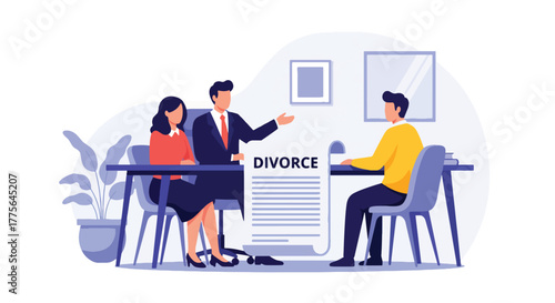 Flat vector of lawyer meeting with couple for divorce mediation, legal counseling and advice concept