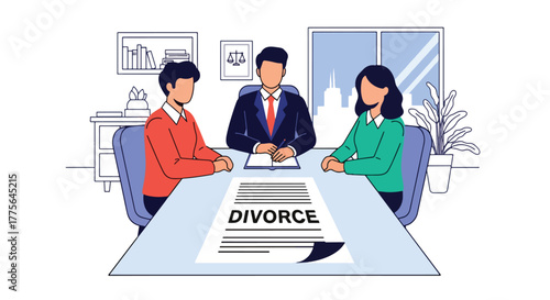 Flat vector of lawyer meeting with couple for divorce mediation, legal counseling and advice concept