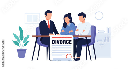 Flat vector of lawyer meeting with couple for divorce mediation, legal counseling and advice concept