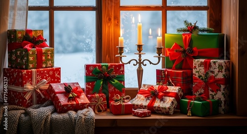 Festive christmas presents and candlesticks adorn a snowy window sill creating a warm and inviting holiday scene