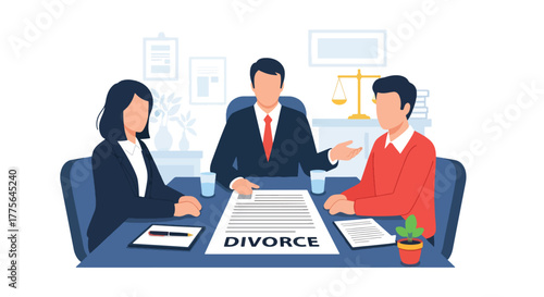 Flat vector of lawyer meeting with couple for divorce mediation, legal counseling and advice concept