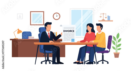 Flat vector of lawyer meeting with couple for divorce mediation, legal counseling and advice concept