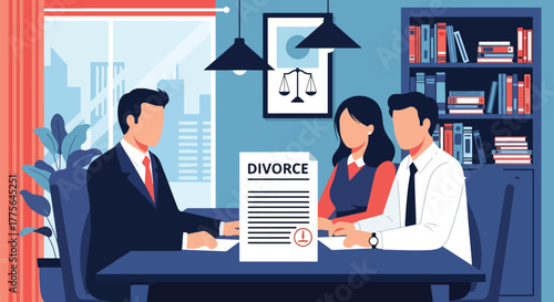 Flat vector of lawyer meeting with couple for divorce mediation, legal counseling and advice concept