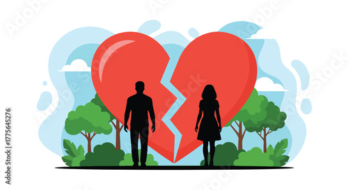 Flat vector of broken heart symbol with separated couple silhouettes, divorce, emotional breakup and loneliness concept
