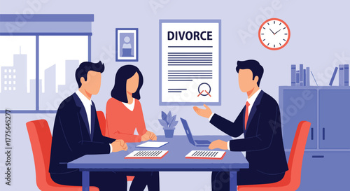 Flat vector of lawyer meeting with couple for divorce mediation, legal counseling and advice concept