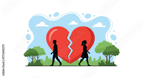 Flat vector of broken heart symbol with separated couple silhouettes, divorce, emotional breakup and loneliness concept