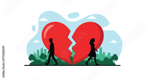 Flat vector of broken heart symbol with separated couple silhouettes, divorce, emotional breakup and loneliness concept