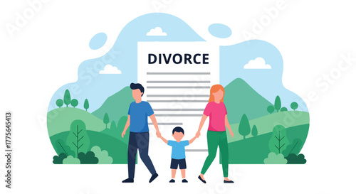 Flat vector of child holding parents’ hands while walking opposite ways, family separation and shared custody concept