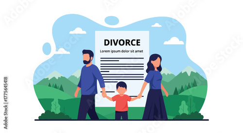 Flat vector of child holding parents’ hands while walking opposite ways, family separation and shared custody concept