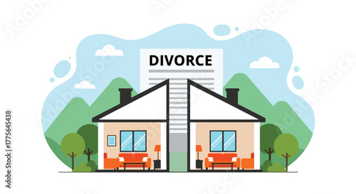 Flat vector of split house interior symbolizing property division after divorce, law and emotional distance theme