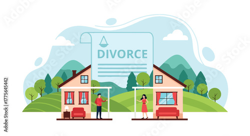 Flat vector of split house interior symbolizing property division after divorce, law and emotional distance theme