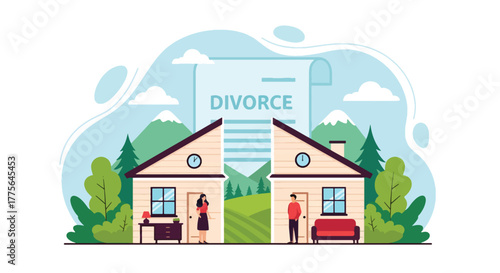 Flat vector of split house interior symbolizing property division after divorce, law and emotional distance theme